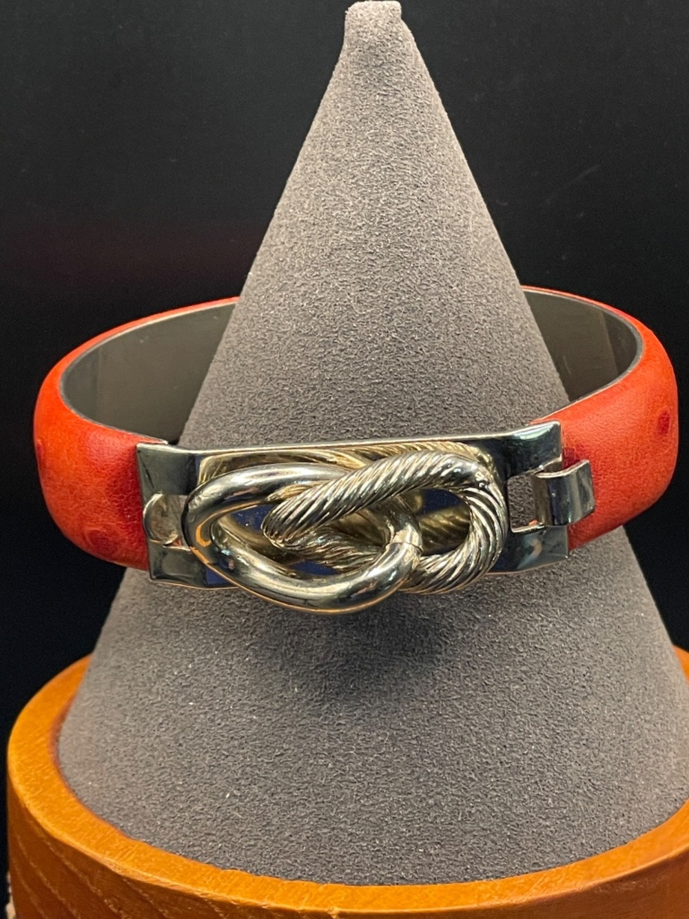 Vintage Italy Orange Leather Silver Tone Infinity Knot Bangle Bracelet 7"